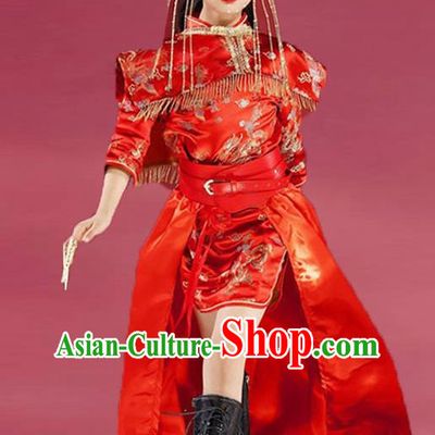 Girls Cheongsam Chinese Trend Clothing National Tide Catwalk Dress Skirt Suit Red Model Costumes Children Republic Of China Style