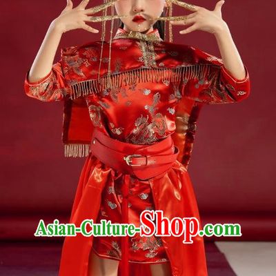 Girls Cheongsam Chinese Trend Clothing National Tide Catwalk Dress Skirt Suit Red Model Costumes Children Republic Of China Style