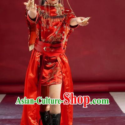 Girls Cheongsam Chinese Trend Clothing National Tide Catwalk Dress Skirt Suit Red Model Costumes Children Republic Of China Style