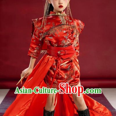 Girls Cheongsam Chinese Trend Clothing National Tide Catwalk Dress Skirt Suit Red Model Costumes Children Republic Of China Style