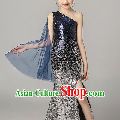Girls Evening Dress Temperament Slim Mermaid Skirt Sequin Trailing Dress Children Host Model Catwalk Costumes