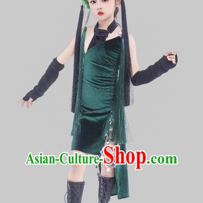 Girls Dark Green Cheongsam Suit Beijing Opera Elements Chinese Style Republic Of China Style Children Dress Catwalk