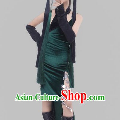 Girls Dark Green Cheongsam Suit Beijing Opera Elements Chinese Style Republic Of China Style Children Dress Catwalk