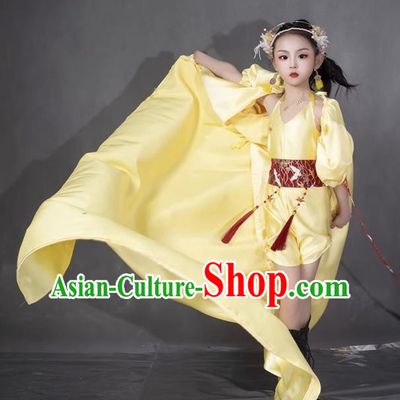 Girls Yellow Twenty Four Solar Terms Awakening Of Insects Dress Chinese Style Suit T Stage Show Catwalk Competition Suit