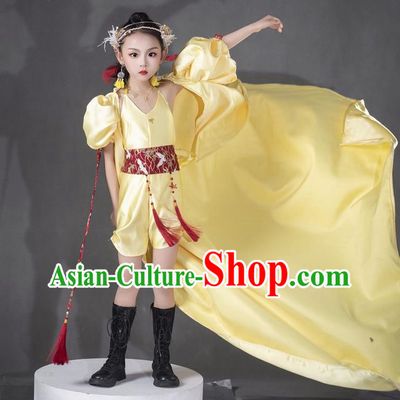 Girls Yellow Twenty Four Solar Terms Awakening Of Insects Dress Chinese Style Suit T Stage Show Catwalk Competition Suit