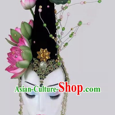 Chinese Classical Dance New Lotus Headdress Fake Hair Bun Long Tassel Art Examination Dance Supplies Performance Headdress