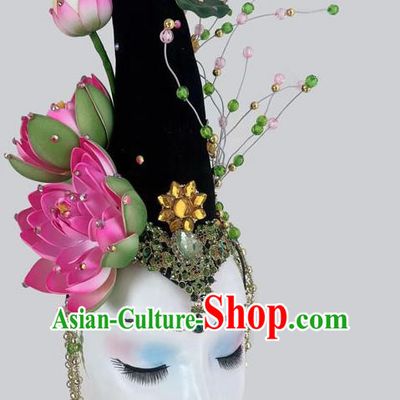 Chinese Classical Dance New Lotus Headdress Fake Hair Bun Long Tassel Art Examination Dance Supplies Performance Headdress