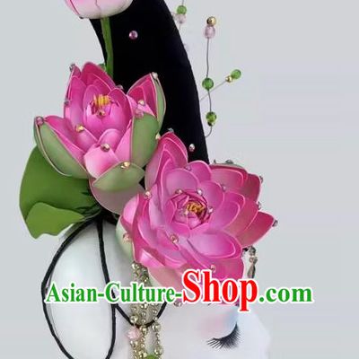 Chinese Classical Dance New Lotus Headdress Fake Hair Bun Long Tassel Art Examination Dance Supplies Performance Headdress