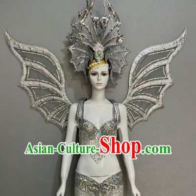 Silver Opening Dance Show Feather Headdress Dance Team Samba Costumes Mardi Gras Halloween