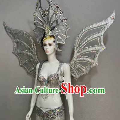 Silver Opening Dance Show Feather Headdress Dance Team Samba Costumes Mardi Gras Halloween