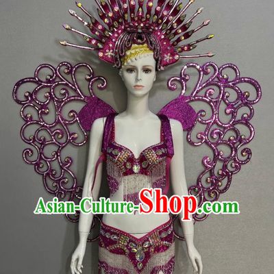 Purple Opening Dance Performance Show Feather Headdress Dance Team Samba Costumes Mardi Gras Halloween
