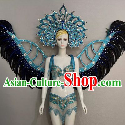 Blue Opening Dance Show Feather Headdress Dance Team Samba Costumes Mardi Gras Halloween
