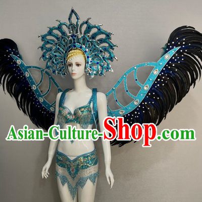 Blue Opening Dance Show Feather Headdress Dance Team Samba Costumes Mardi Gras Halloween