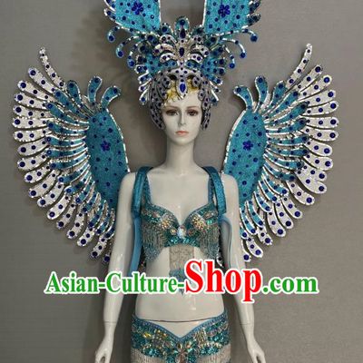 Blue Opening Dance Show Feather Headdress Dance Team Samba Costumes Mardi Gras Halloween