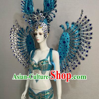 Blue Opening Dance Show Feather Headdress Dance Team Samba Costumes Mardi Gras Halloween