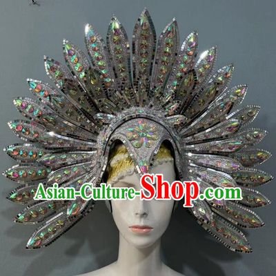Silver Peacock Prologue Show Feather Headdress Dance Team Samba Costumes Mardi Gras Halloween