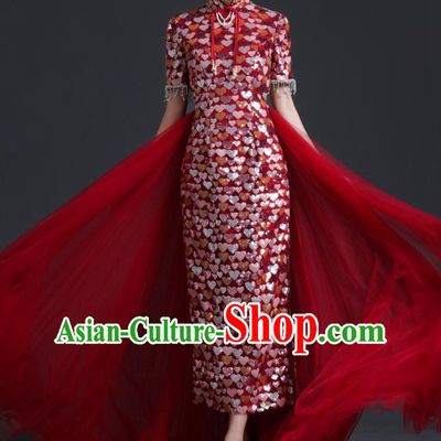 Chinese Bride Wedding Toast Dress Cheongsam Heavy Industry Long Section Noble Banquet Stage Catwalk Costume Sequins