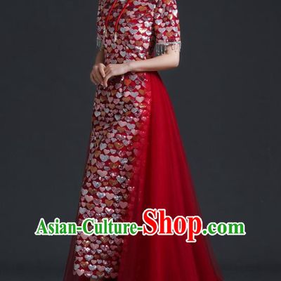 Chinese Bride Wedding Toast Dress Cheongsam Heavy Industry Long Section Noble Banquet Stage Catwalk Costume Sequins
