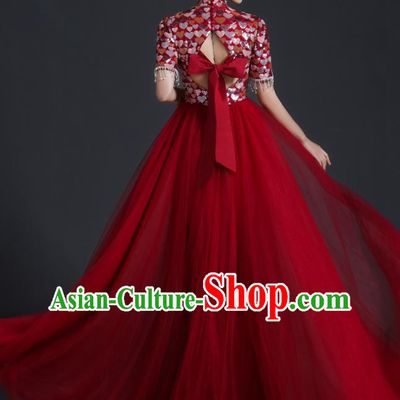 Chinese Bride Wedding Toast Dress Cheongsam Heavy Industry Long Section Noble Banquet Stage Catwalk Costume Sequins