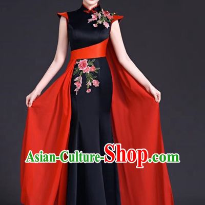 Top Evening Dress Temperament Stage Host Costume Chinese Style Improved Fishtail Long Cheongsam Dress