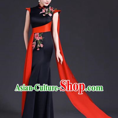 Top Evening Dress Temperament Stage Host Costume Chinese Style Improved Fishtail Long Cheongsam Dress
