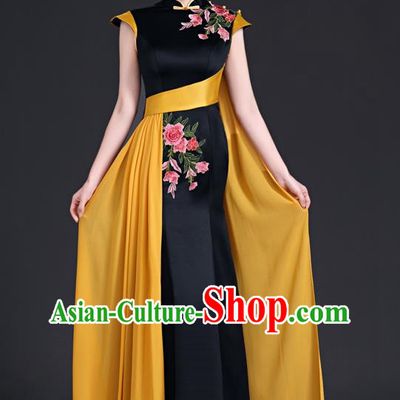 High Evening Dress Chinese Style Ladies Mermaid Model Group Stage Catwalk Costume Black