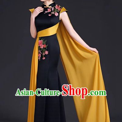 High Evening Dress Chinese Style Ladies Mermaid Model Group Stage Catwalk Costume Black