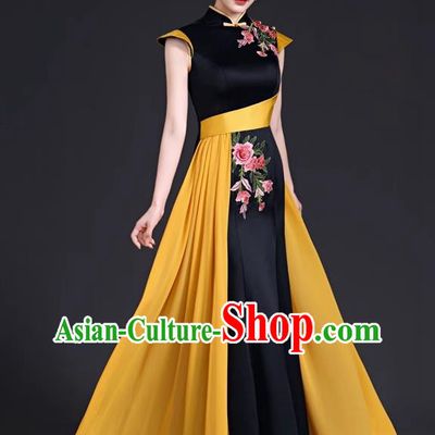 High Evening Dress Chinese Style Ladies Mermaid Model Group Stage Catwalk Costume Black
