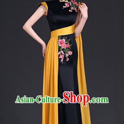 High Evening Dress Chinese Style Ladies Mermaid Model Group Stage Catwalk Costume Black