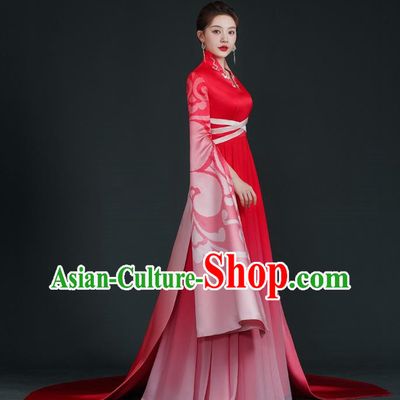 China Style Stage Catwalk Show Costumes Long Trailing Cheongsam Team Dress Art Examination Clothes