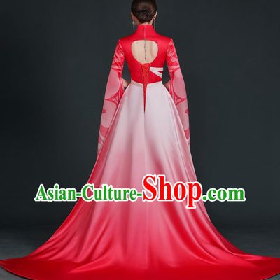 China Style Stage Catwalk Show Costumes Long Trailing Cheongsam Team Dress Art Examination Clothes