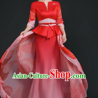 China Style Stage Catwalk Show Costumes Long Trailing Cheongsam Team Dress Art Examination Clothes