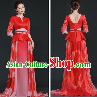 China Style Stage Catwalk Show Costumes Long Trailing Cheongsam Team Dress Art Examination Clothes