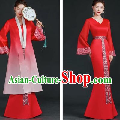 China Style Stage Catwalk Show Costumes Long Trailing Cheongsam Team Dress Art Examination Clothes