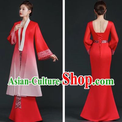 China Style Stage Catwalk Show Costumes Long Trailing Cheongsam Team Dress Art Examination Clothes