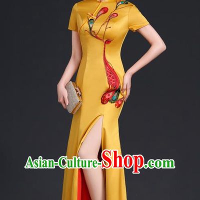 Chinese Style Top Evening Dress High Collar Long Fishtail Self Cultivation Annual Meeting Model Catwalk Costume Yellow
