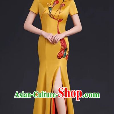 Chinese Style Top Evening Dress High Collar Long Fishtail Self Cultivation Annual Meeting Model Catwalk Costume Yellow