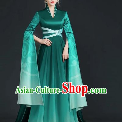 China Style Top Catwalk Evening Dress Trailing Long Model Team Stage Performance Clothing Art Test Dress Green