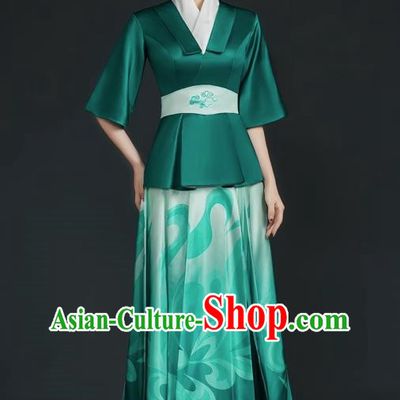 China Style Top Catwalk Evening Dress Trailing Long Model Team Stage Performance Clothing Art Test Dress Green