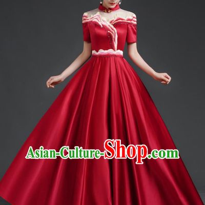 Chinese Banquet Evening Dress Choir Stage Model Catwalk Costume Wine Red