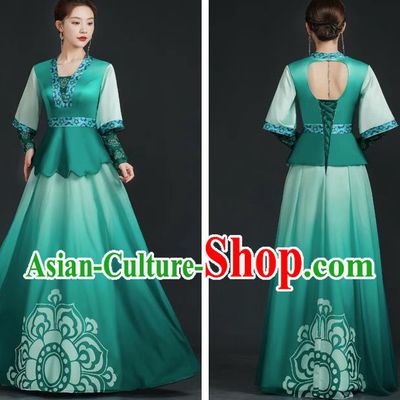 China Style Top Catwalk Evening Dress Trailing Long Model Team Stage Performance Clothing Art Test Dress Green