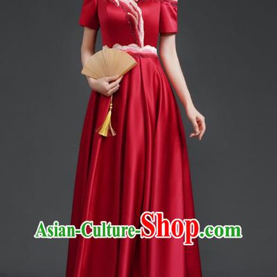 Chinese Banquet Evening Dress Choir Stage Model Catwalk Costume Wine Red