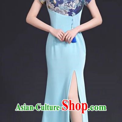 Top Fishtail Slit Evening Dress Chinese Style Model Catwalk Group Performance Costume Stage
