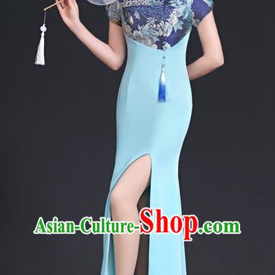 Top Fishtail Slit Evening Dress Chinese Style Model Catwalk Group Performance Costume Stage