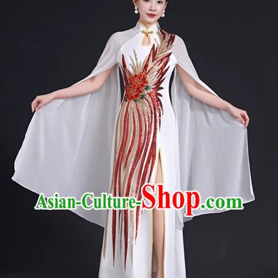 Chinese Style Top Evening Dress Mermaid Long Model Team Stage Catwalk Costume Cheongsam White