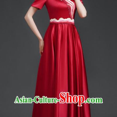 Chinese Banquet Evening Dress Choir Stage Model Catwalk Costume Wine Red