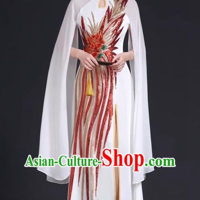 Chinese Style Top Evening Dress Mermaid Long Model Team Stage Catwalk Costume Cheongsam White