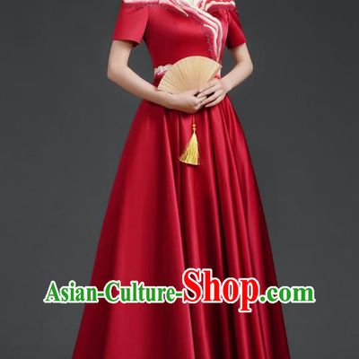 Chinese Banquet Evening Dress Choir Stage Model Catwalk Costume Wine Red