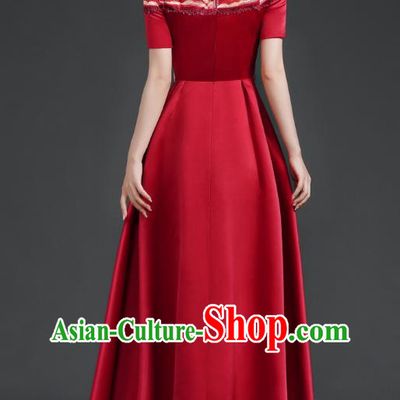 Chinese Banquet Evening Dress Choir Stage Model Catwalk Costume Wine Red