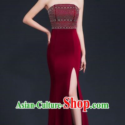 Sexy Wine Red Banquet Tube Top Evening Dress Women High Level Fishtail Dress Skirt